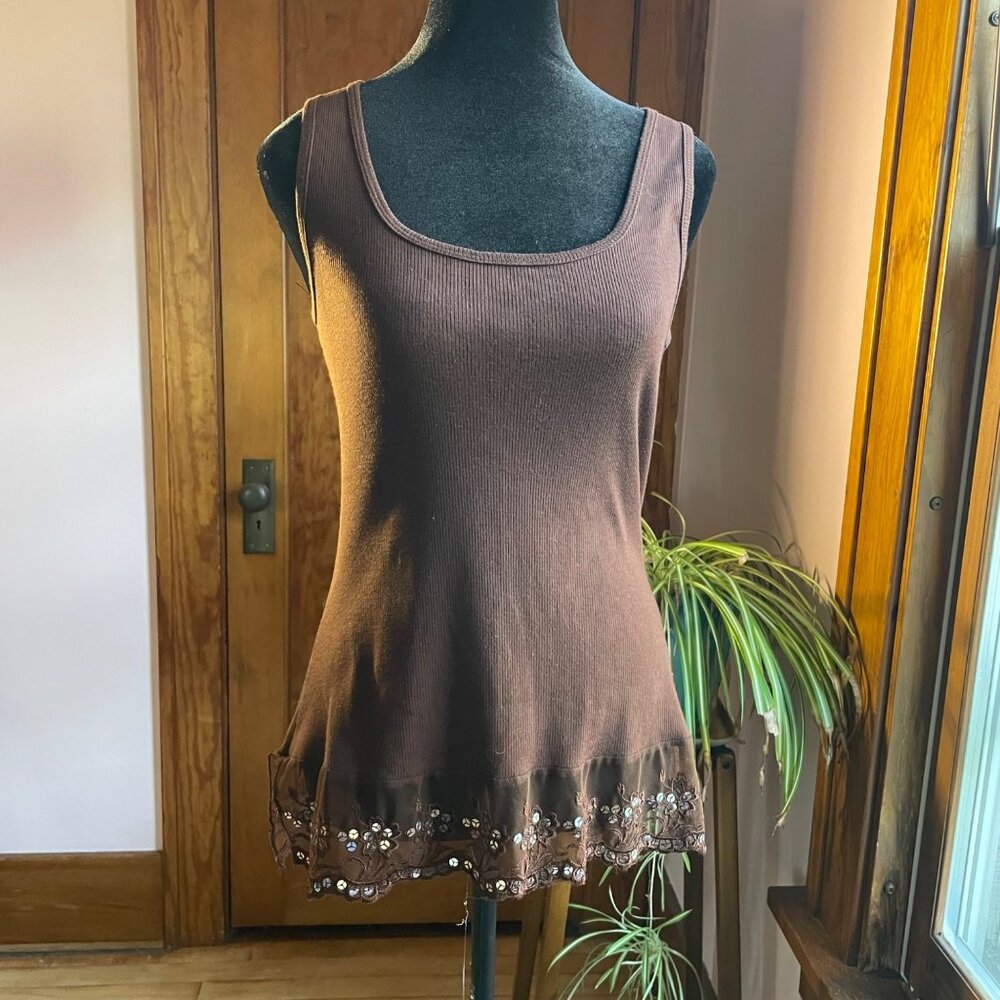 Y2K Vintage L8er Brown Tank XL Sequin Lace Hem Fairycore Whimsigoth Indie Sleaze